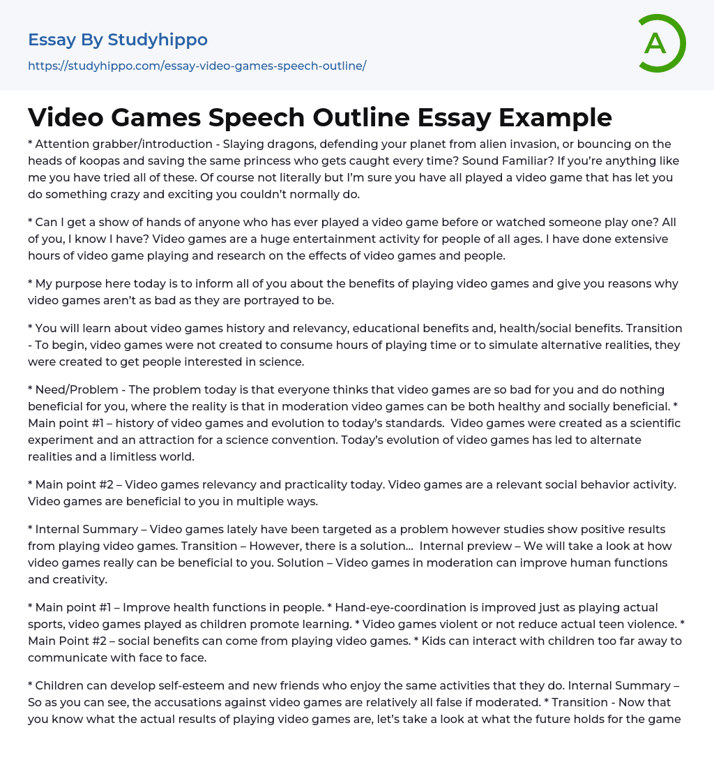 Video Games Speech Outline Essay Example