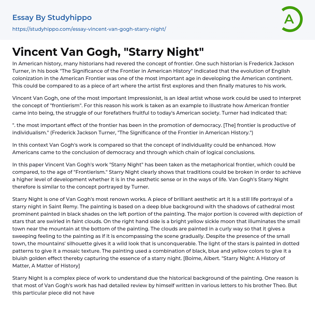 Vincent Van Gogh, “Starry Night” Essay Example