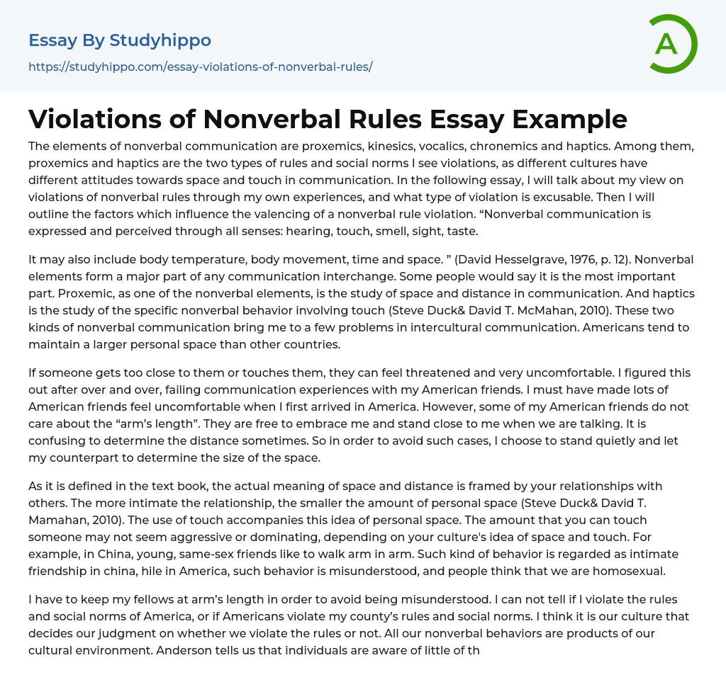 Violations of Nonverbal Rules Essay Example