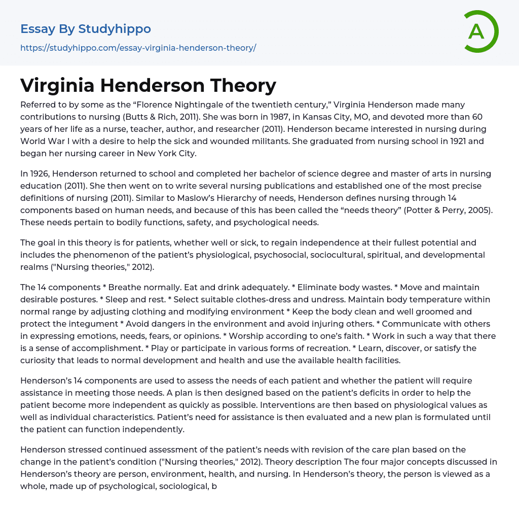 Virginia Henderson Theory Essay Example