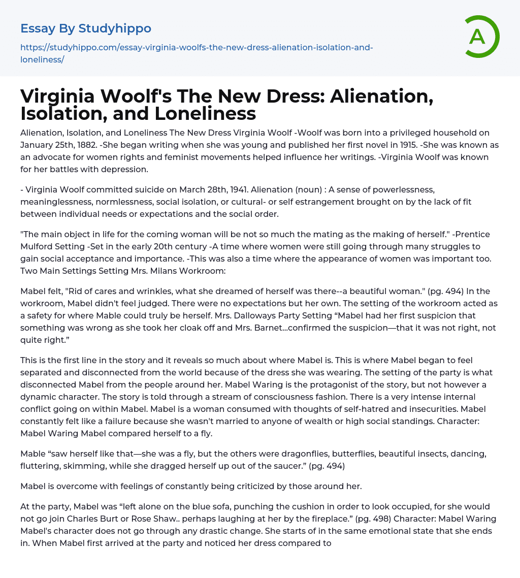 Virginia Woolf’s The New Dress: Alienation, Isolation, and Loneliness Essay Example