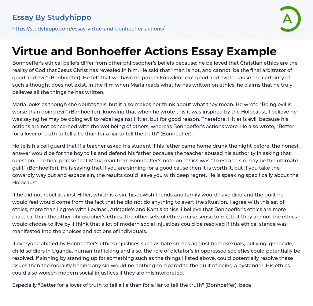 Virtue and Bonhoeffer Actions Essay Example