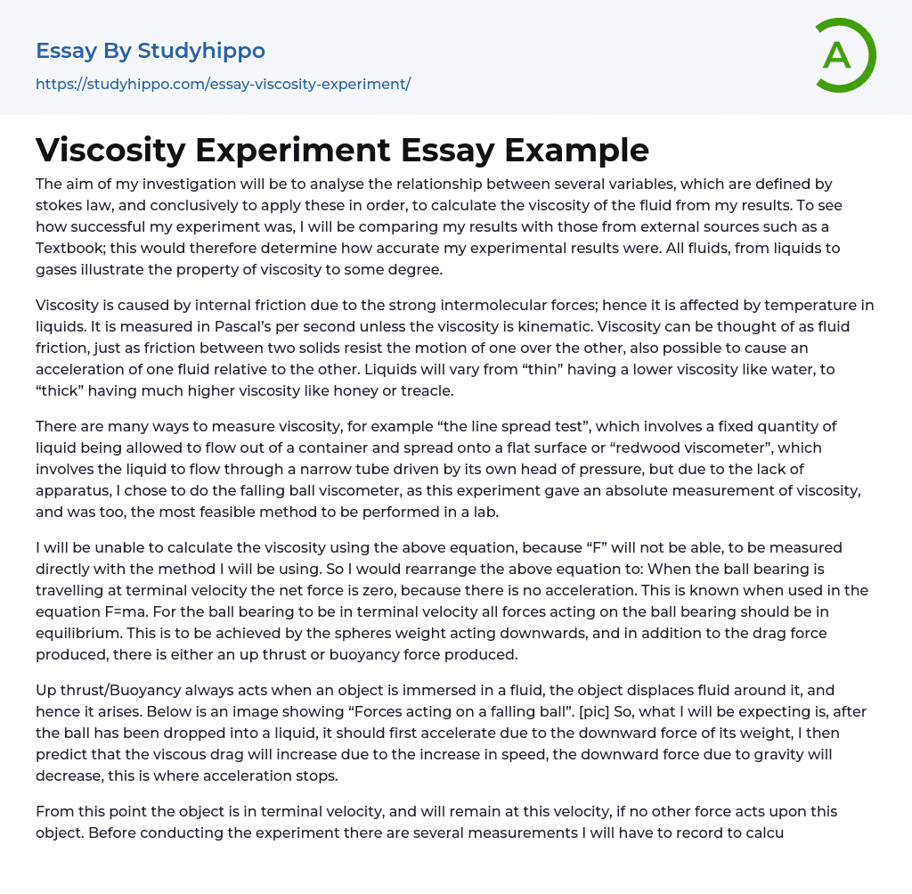 Viscosity Experiment Essay Example