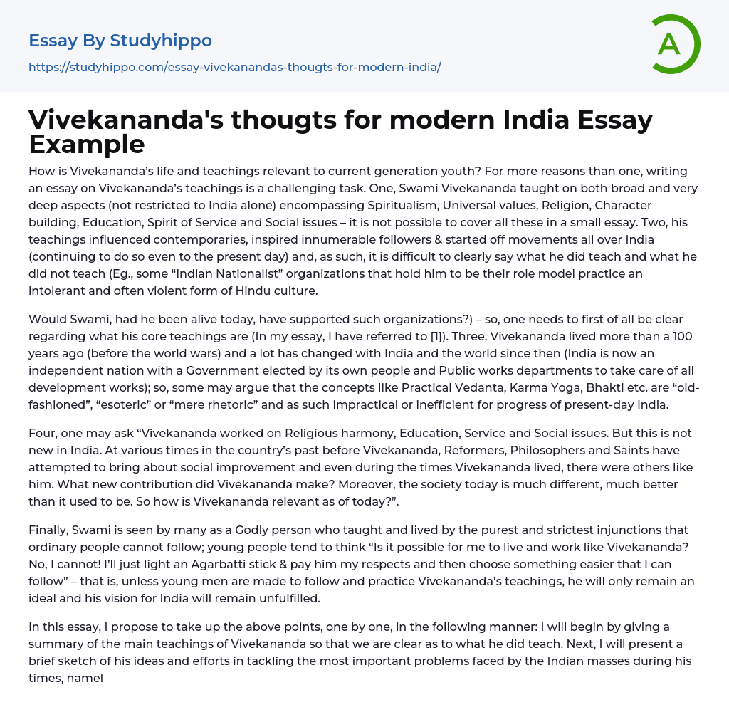 Vivekananda’s thougts for modern India Essay Example