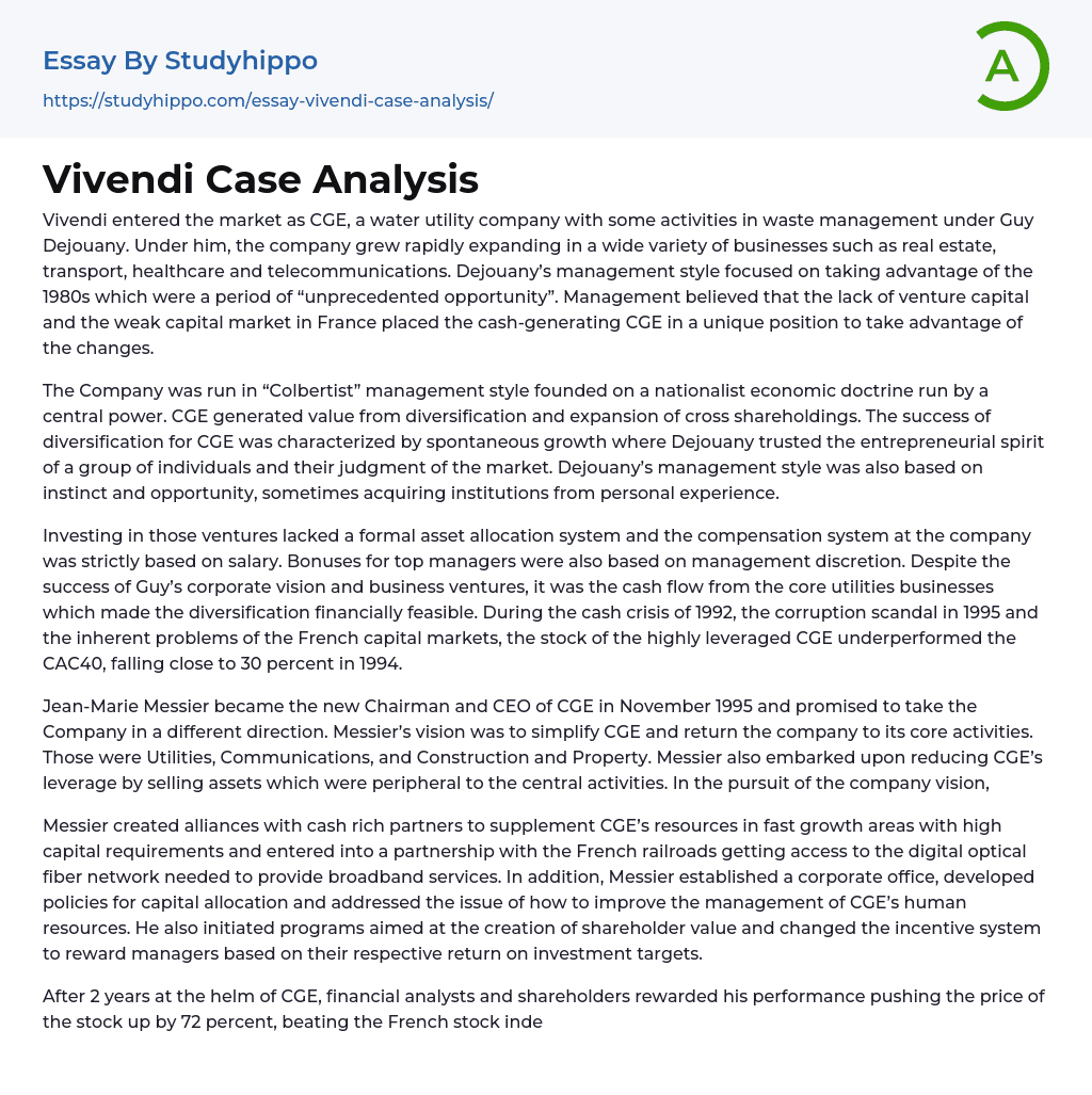 Vivendi Case Analysis Essay Example