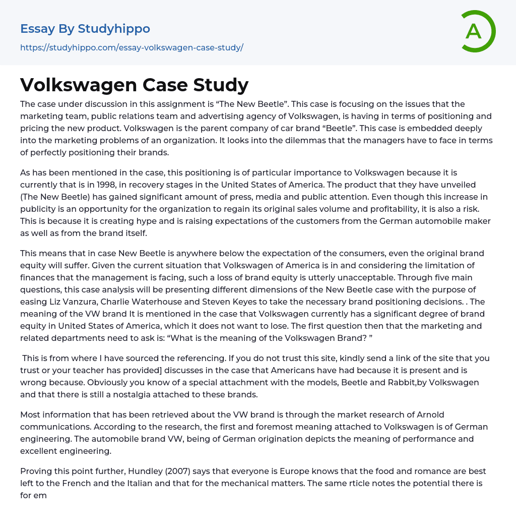 Volkswagen Case Study Essay Example