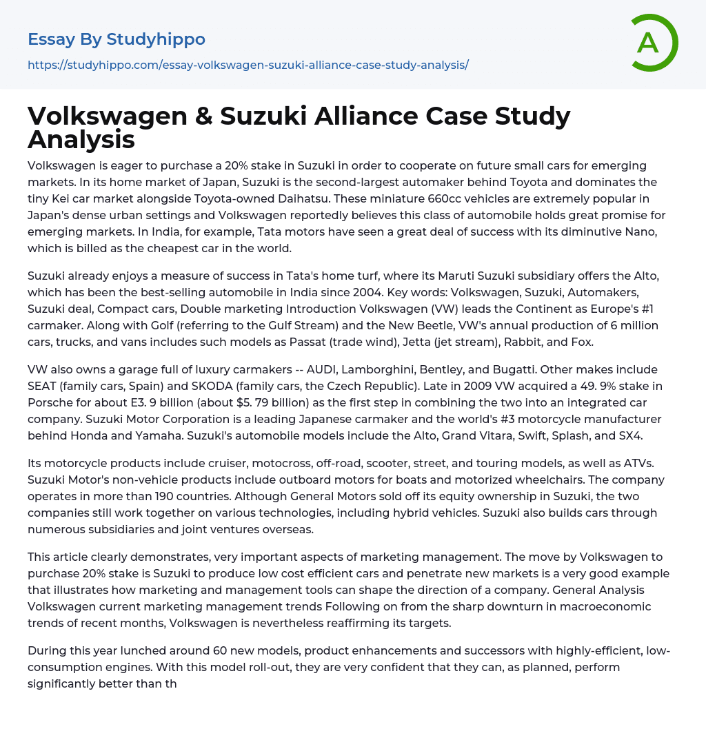 Volkswagen & Suzuki Alliance Case Study Analysis Essay Example