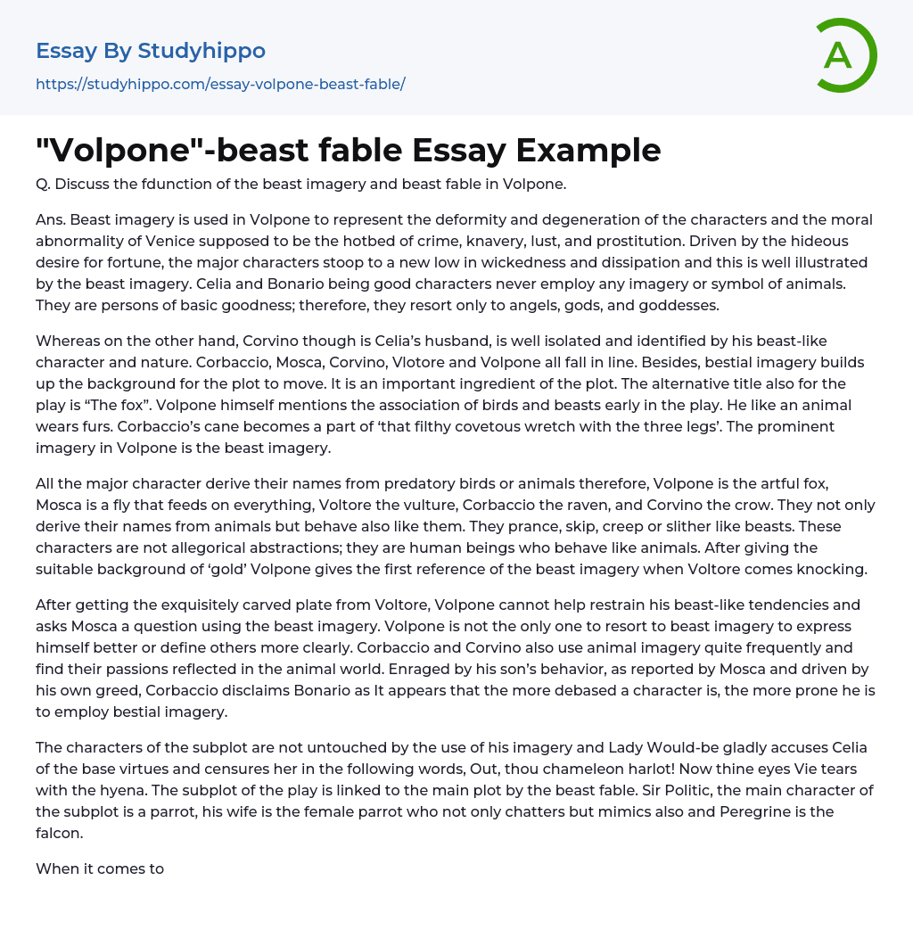 “Volpone”-beast fable Essay Example