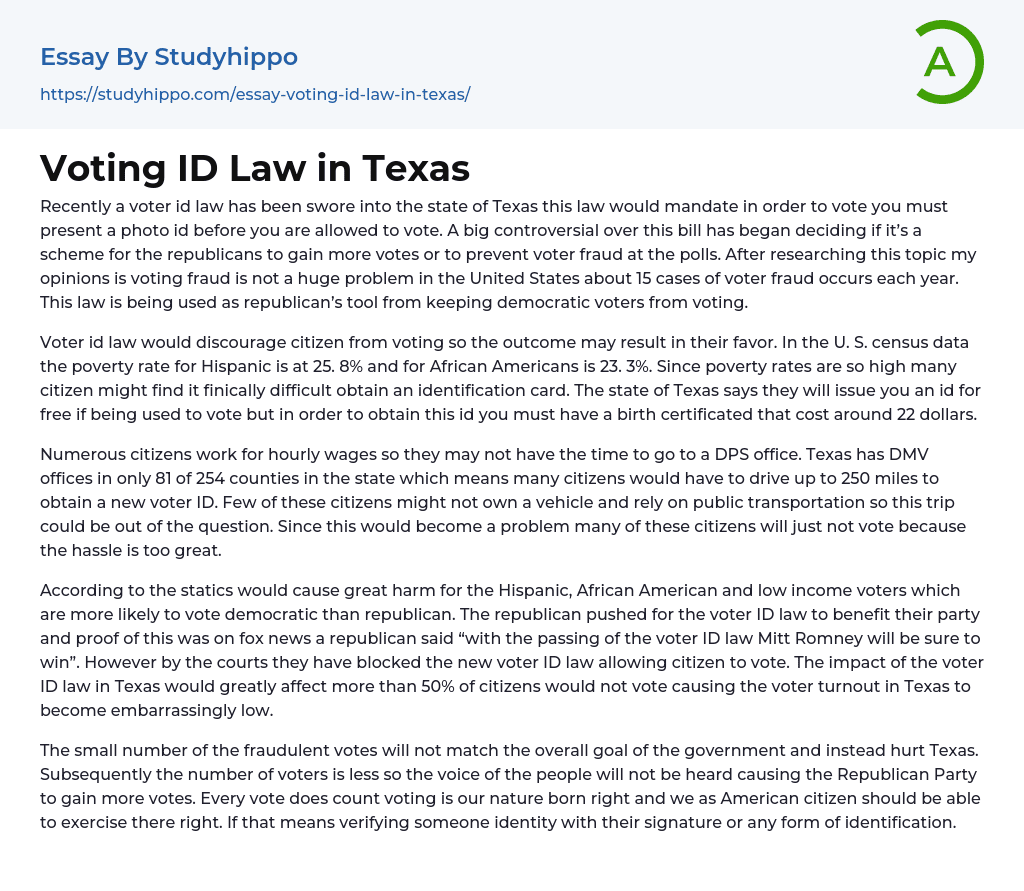 Voting ID Law in Texas Essay Example