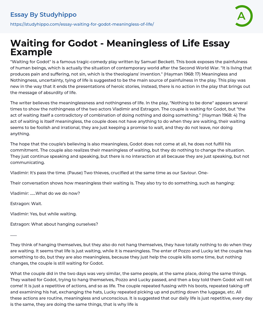 Waiting for Godot – Meaningless of Life Essay Example