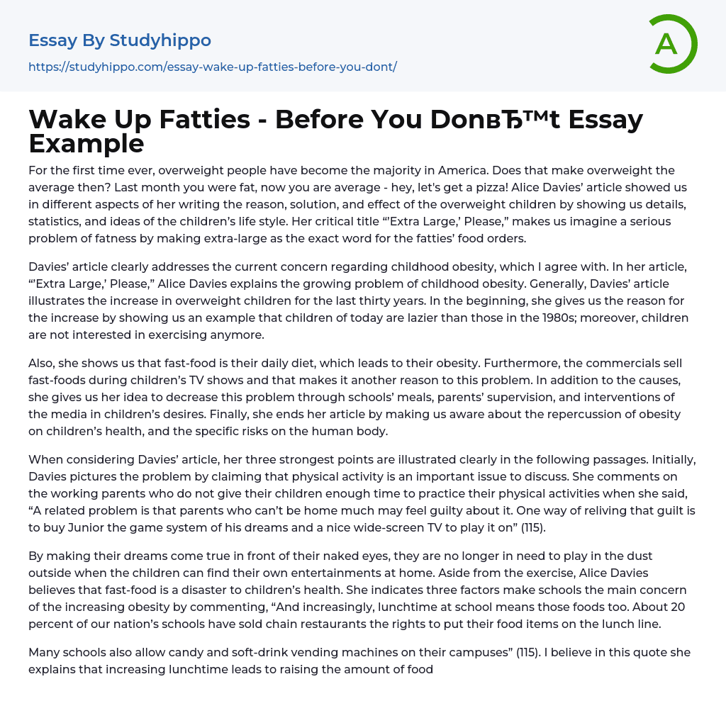 Wake Up Fatties – Before You Don’t Essay Example