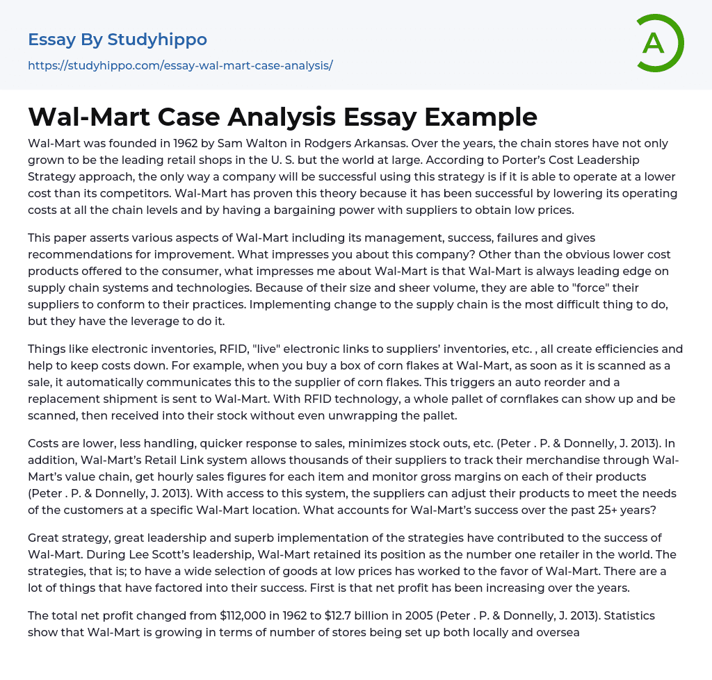 Wal-Mart Case Analysis Essay Example