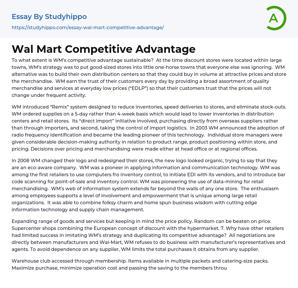 Wal Mart Competitive Advantage Essay Example