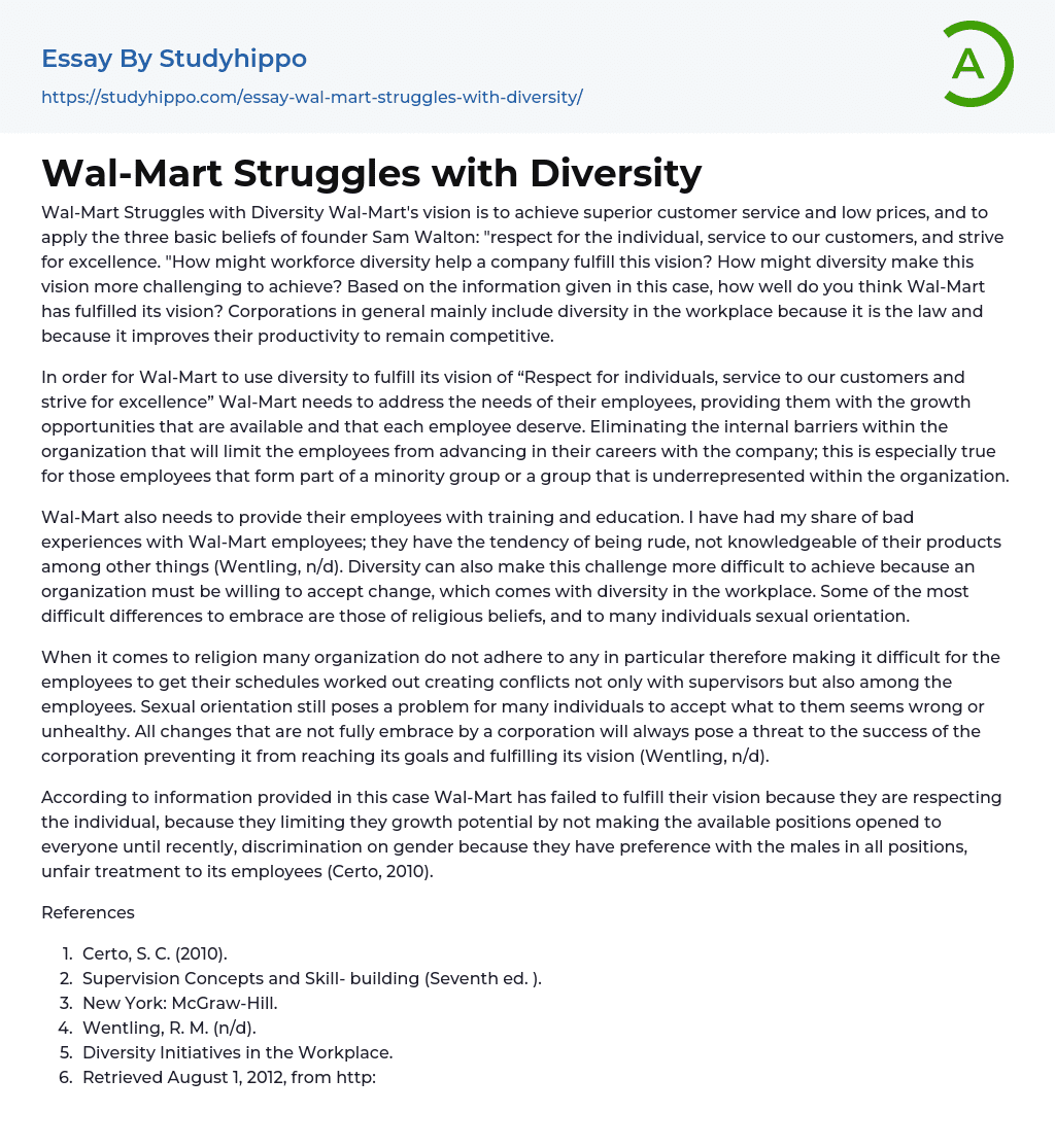 Wal-Mart Struggles with Diversity Essay Example
