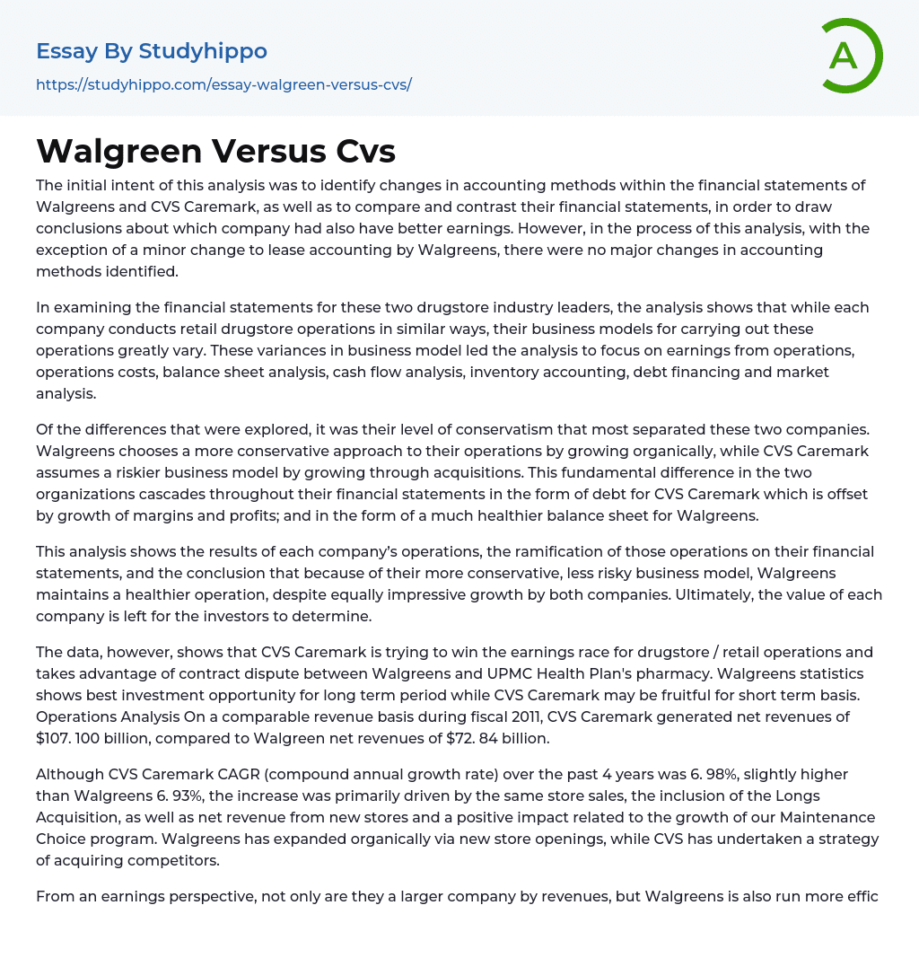 Walgreen Versus Cvs Essay Example