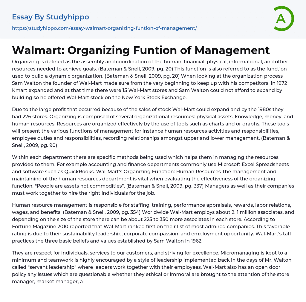Walmart: Organizing Funtion of Management Essay Example