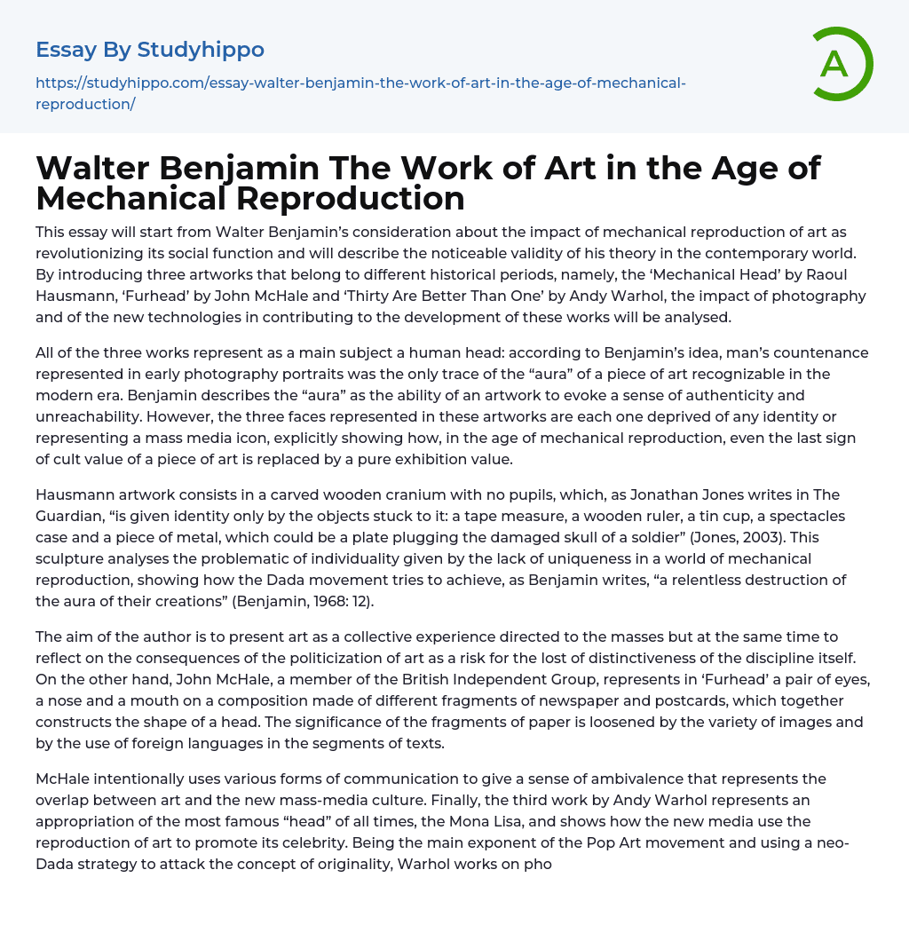 Walter Benjamin The Work of Art in the Age of Mechanical Reproduction Essay Example