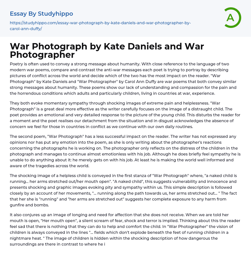 War Photograph by Kate Daniels and War Photographer Essay Example