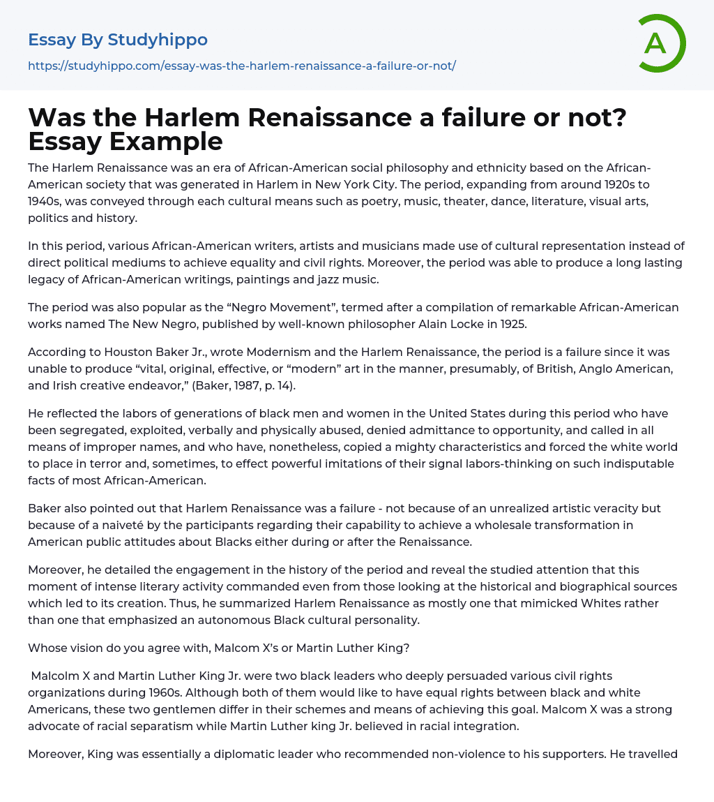 Was the Harlem Renaissance a failure or not? Essay Example