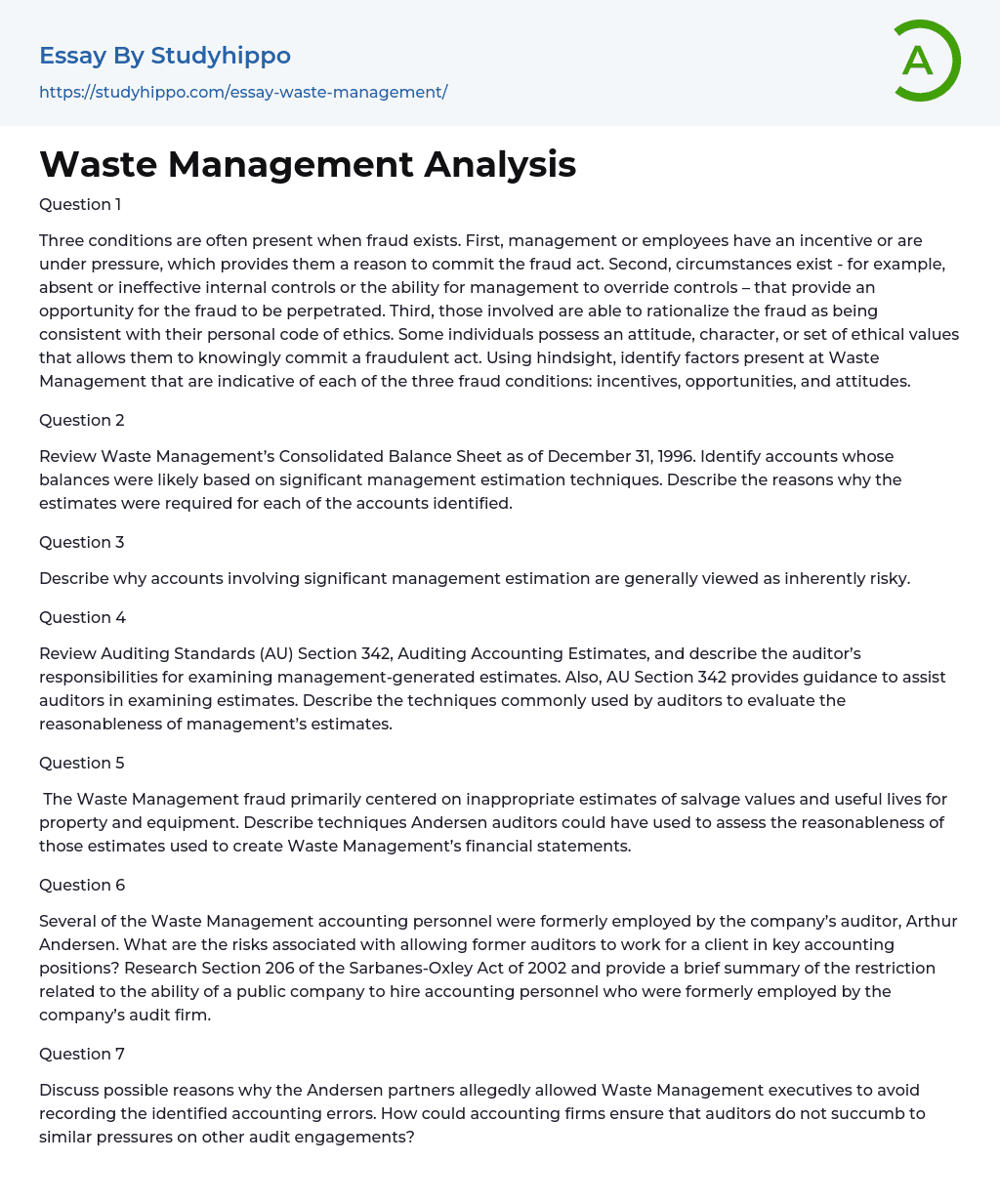 Waste Management Analysis Essay Example