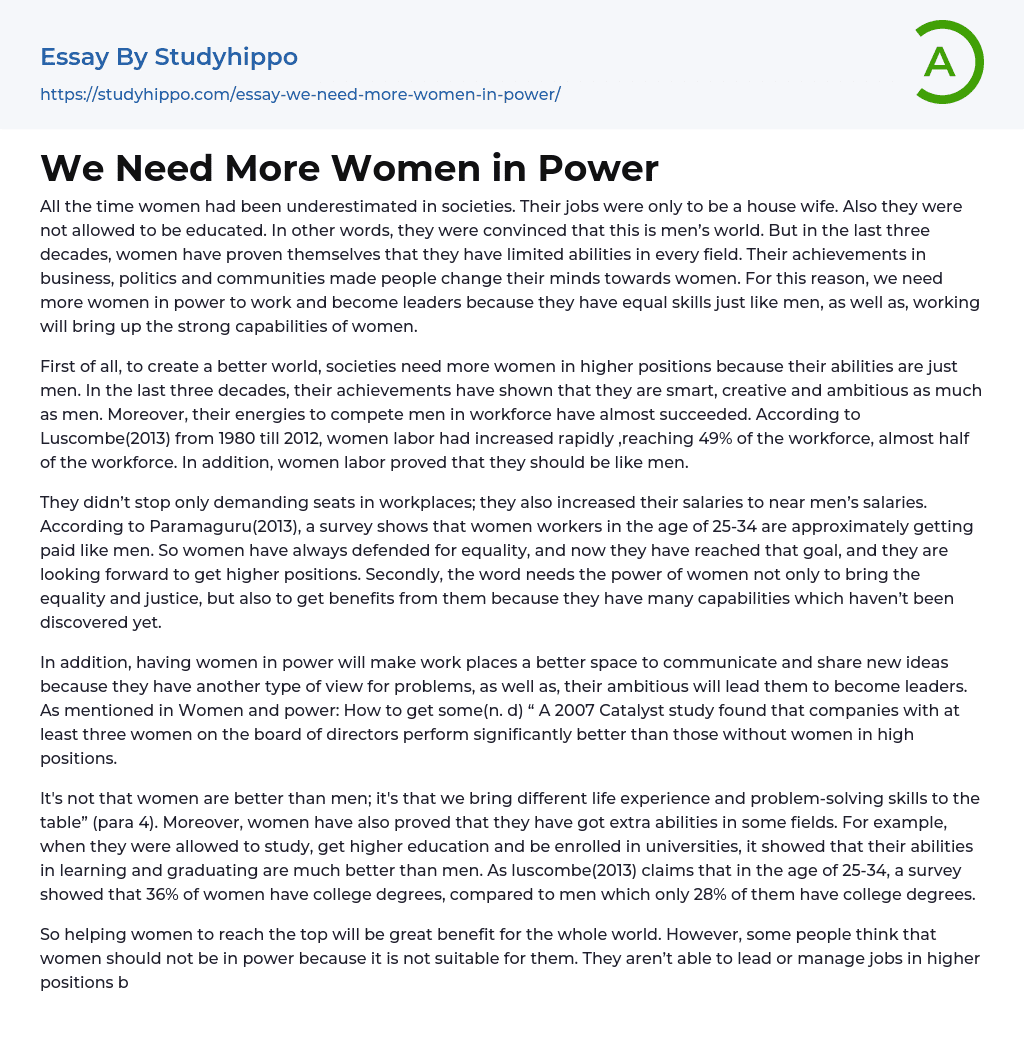 We Need More Women in Power Essay Example
