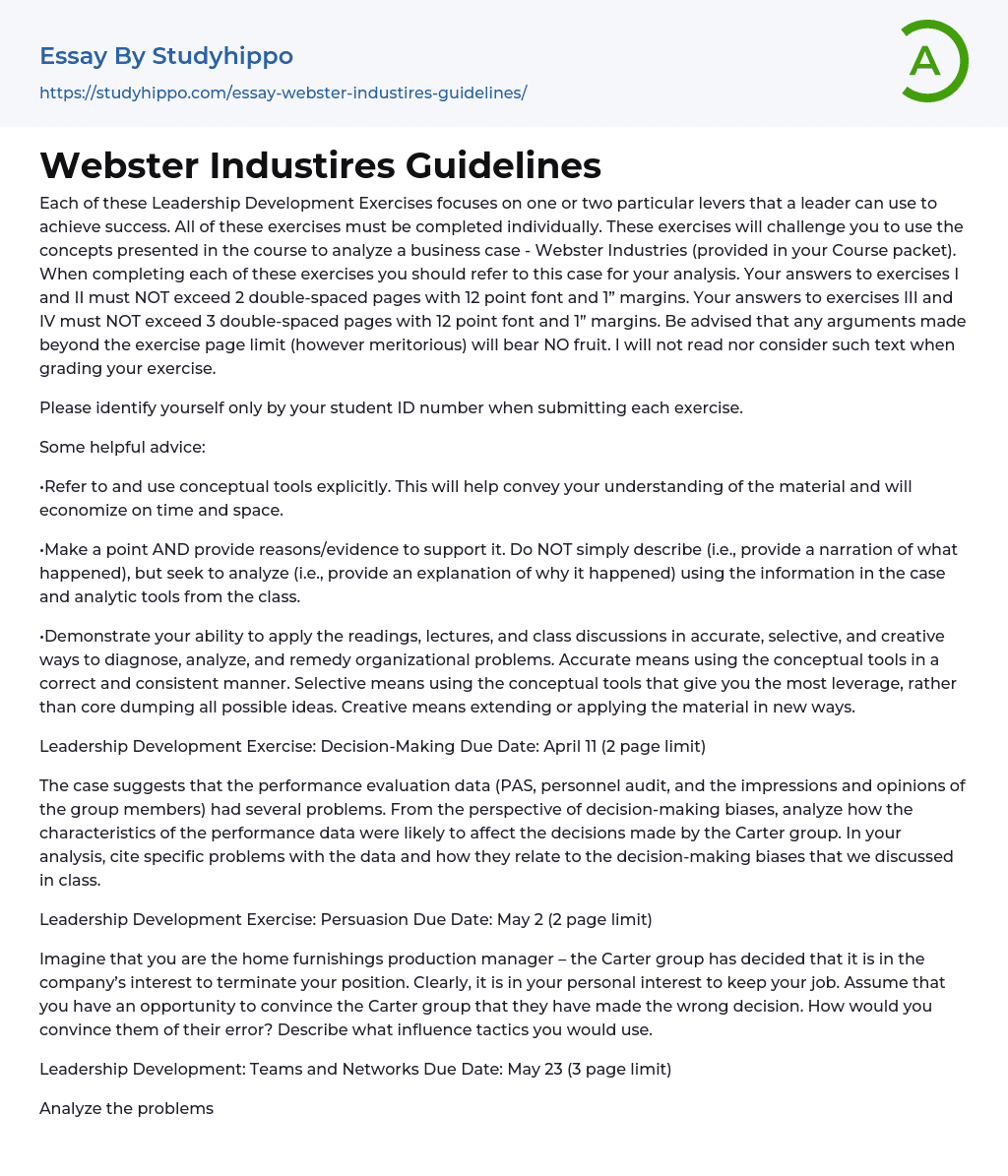 Webster Industires Guidelines Essay Example