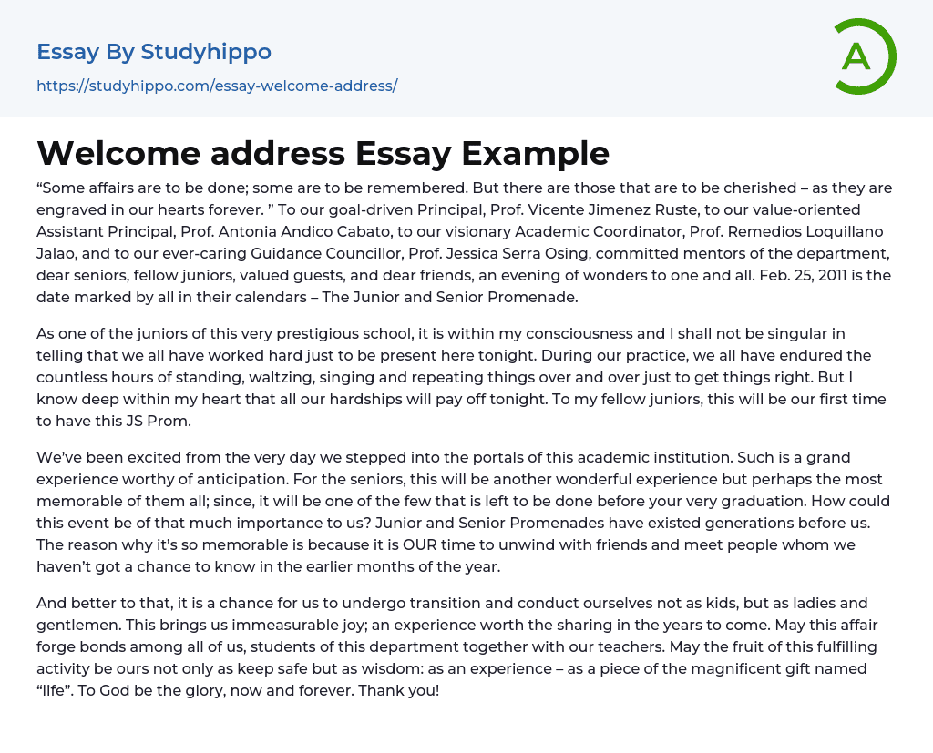 Welcome address Essay Example