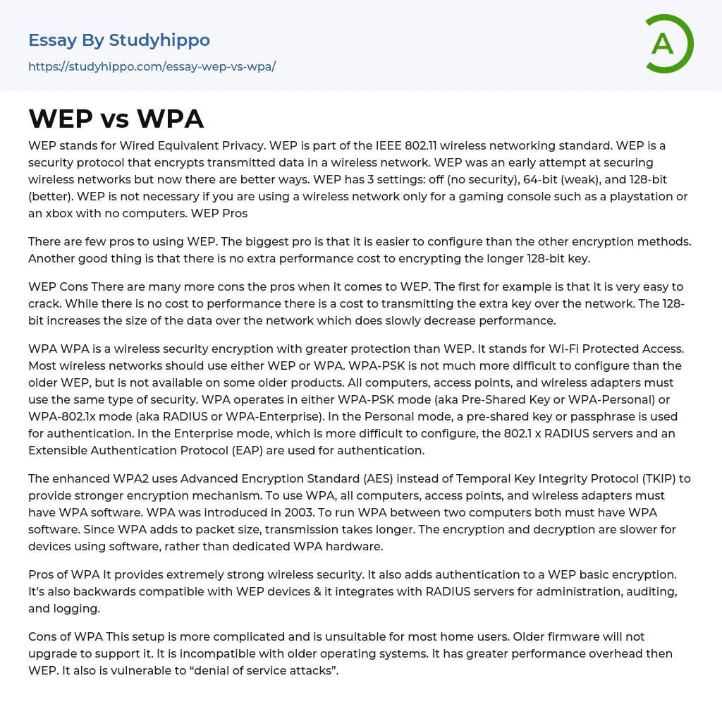 WEP vs WPA Essay Example