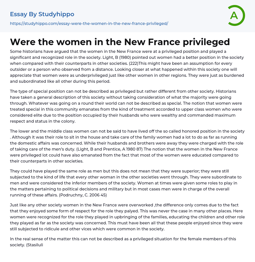 Were the women in the New France privileged Essay Example