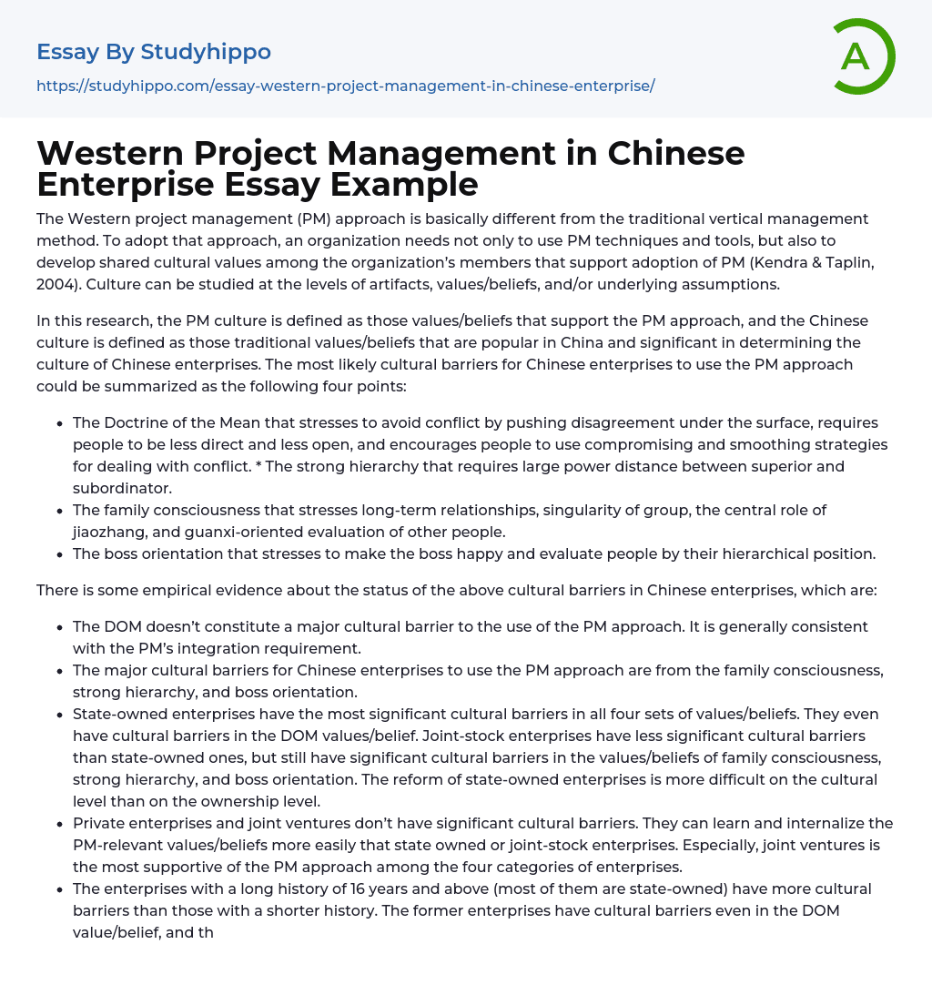 Western Project Management in Chinese Enterprise Essay Example