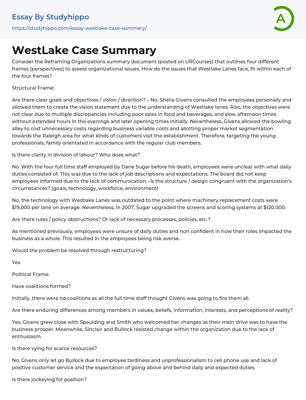 WestLake Case Summary Essay Example