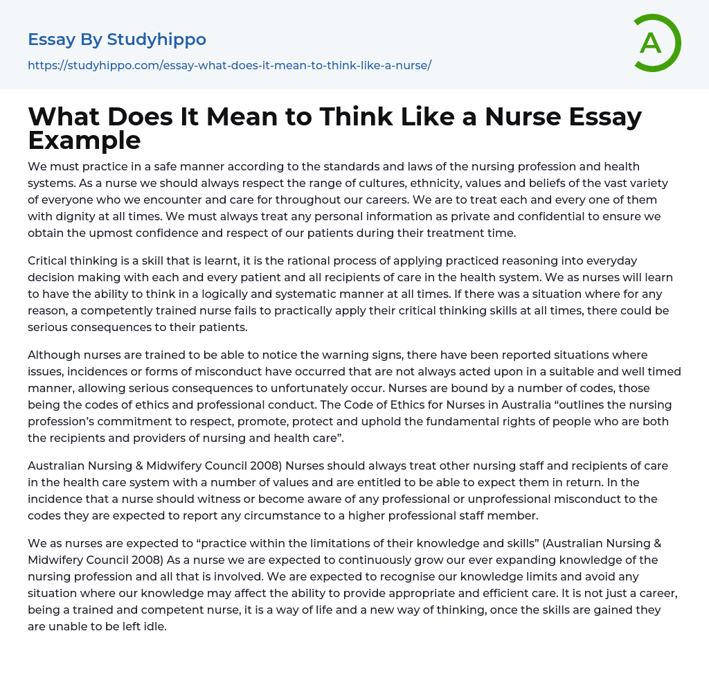 What Does It Mean to Think Like a Nurse Essay Example