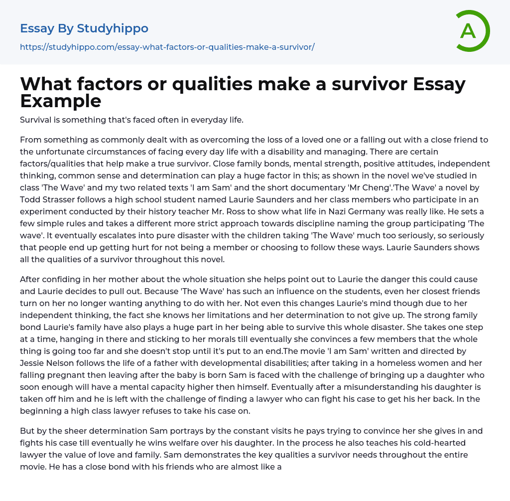 What factors or qualities make a survivor Essay Example