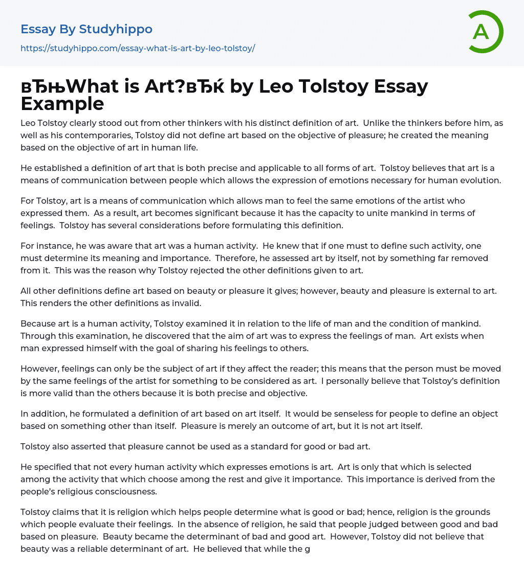 “What is Art”? by Leo Tolstoy Essay Example