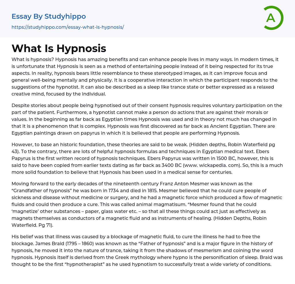 What Is Hypnosis Essay Example