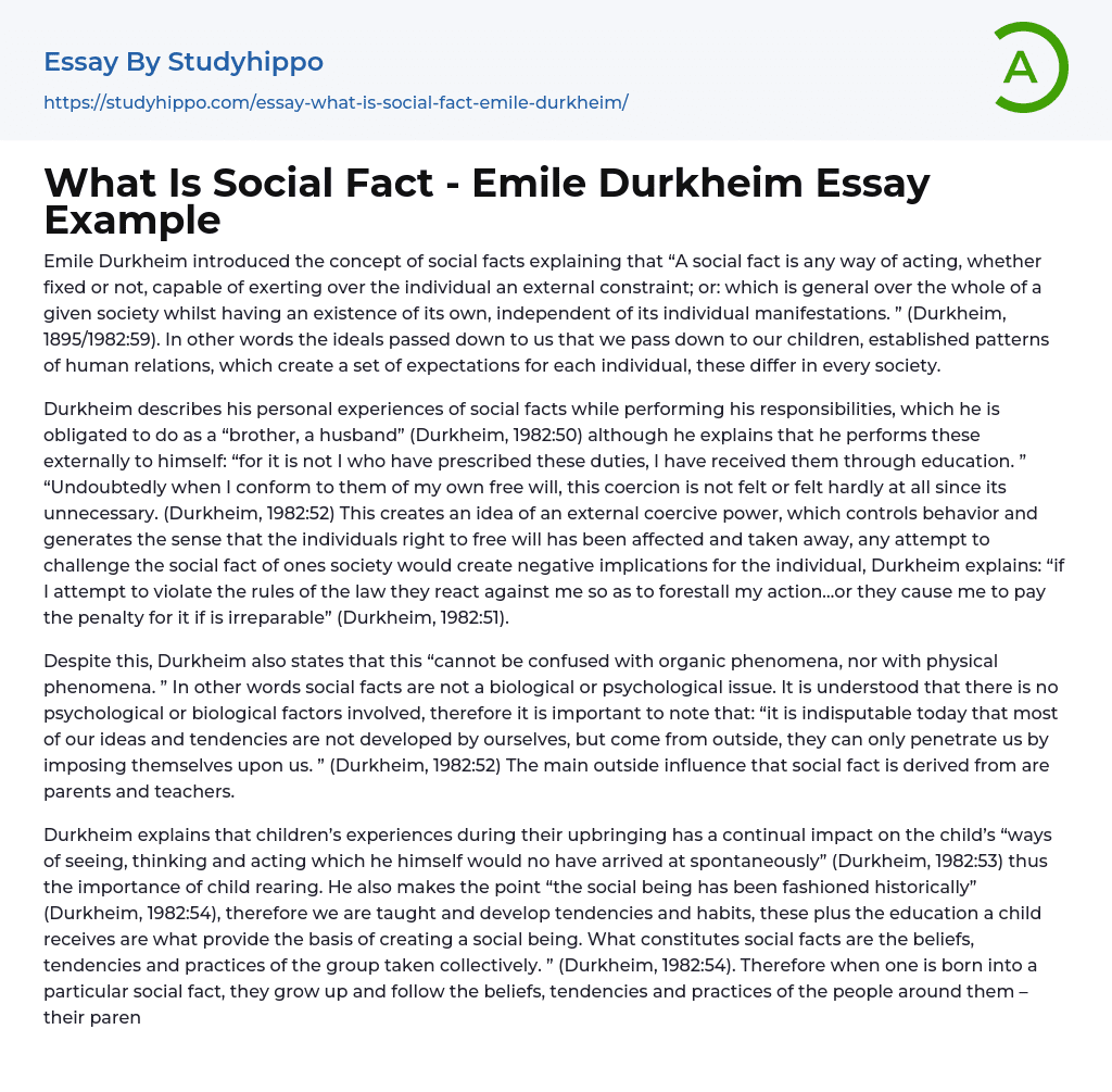 What Is Social Fact – Emile Durkheim Essay Example