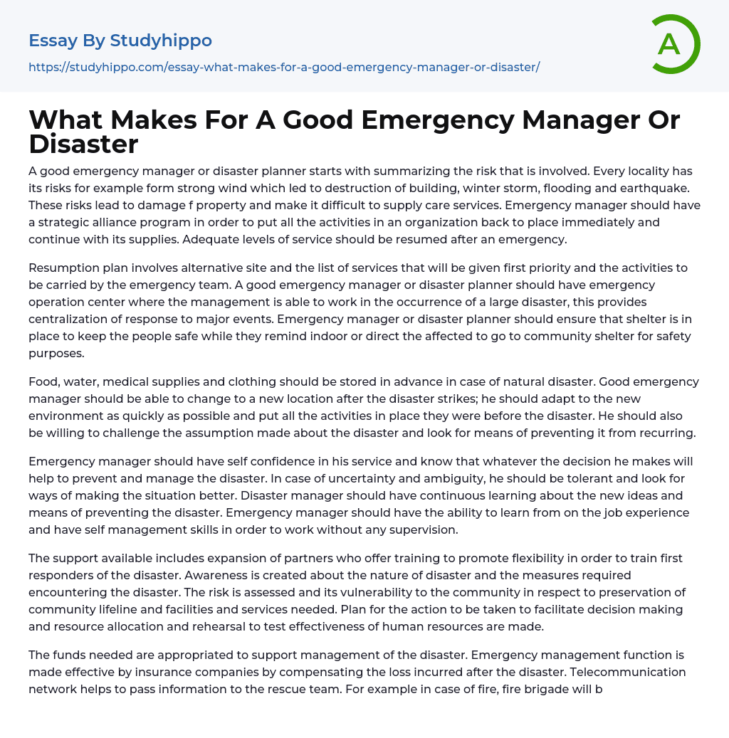 What Makes For A Good Emergency Manager Or Disaster Essay Example