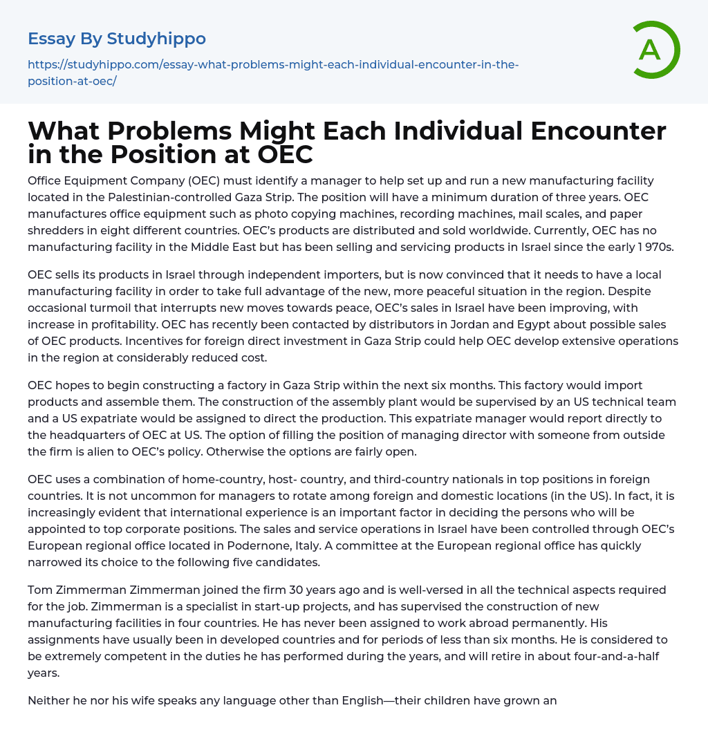 What Problems Might Each Individual Encounter in the Position at OEC Essay Example
