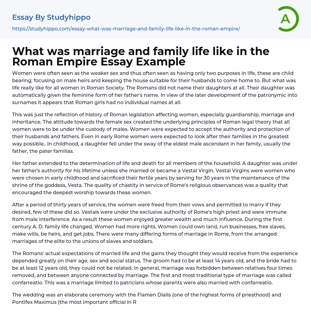 What was marriage and family life like in the Roman Empire Essay Example
