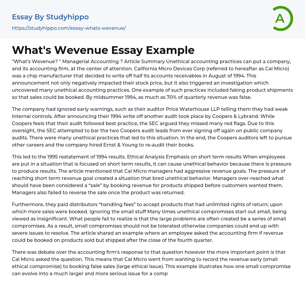 What’s Wevenue Essay Example