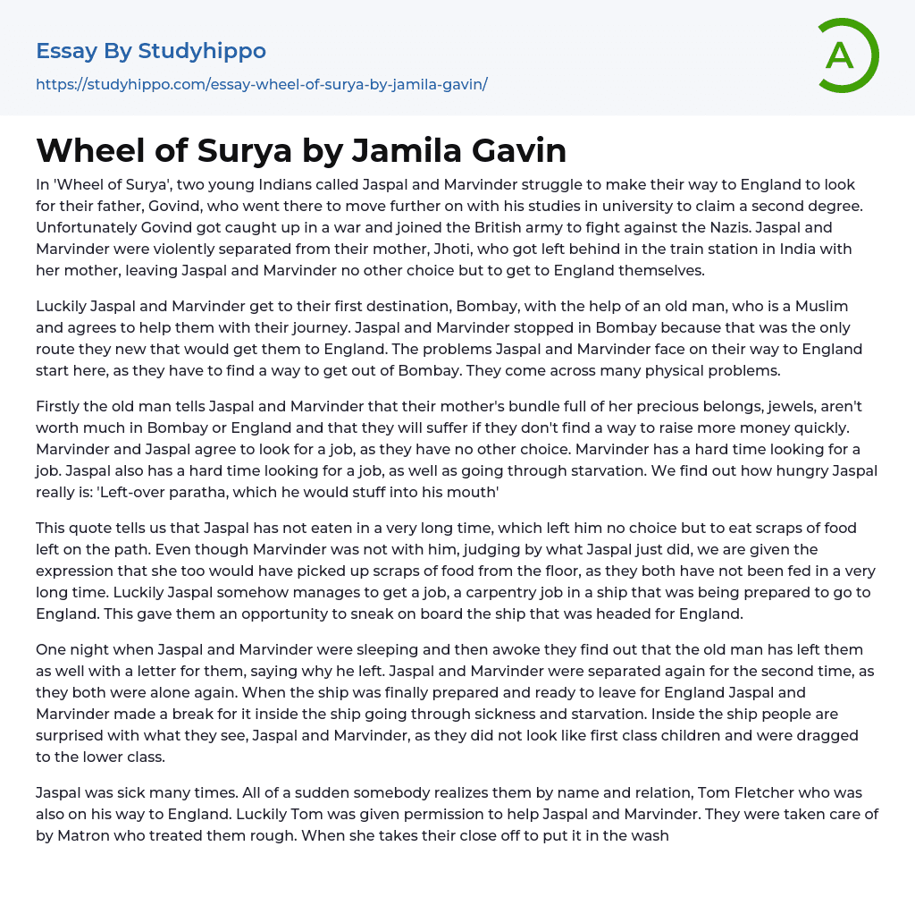 Wheel of Surya by Jamila Gavin Essay Example