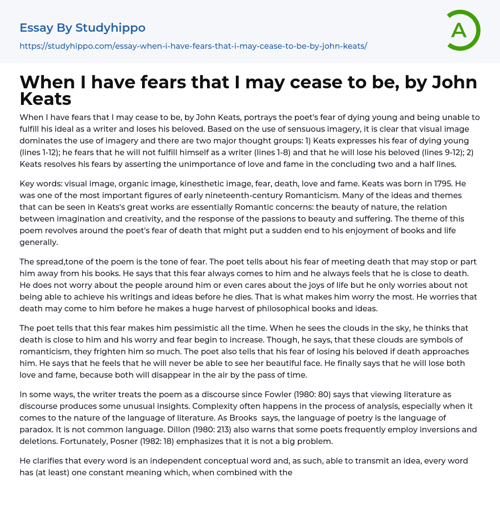 When I have fears that I may cease to be, by John Keats Essay Example