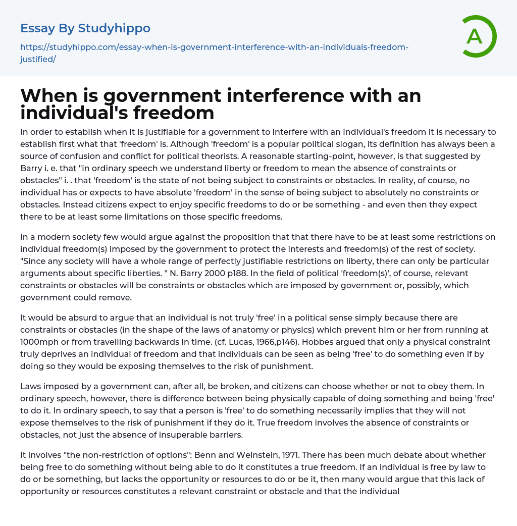 When is government interference with an individual’s freedom Essay Example