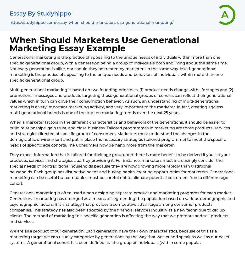 When Should Marketers Use Generational Marketing Essay Example