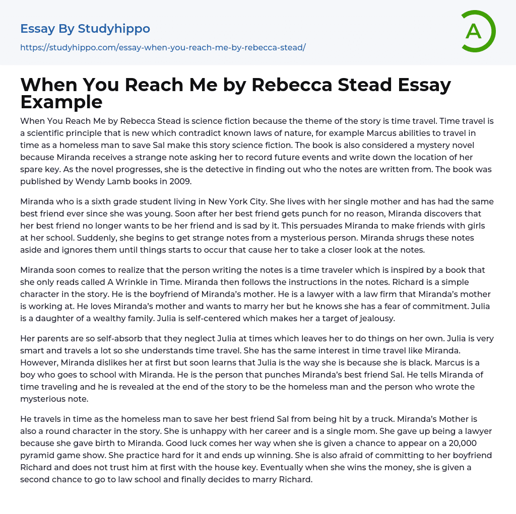 When You Reach Me by Rebecca Stead Essay Example