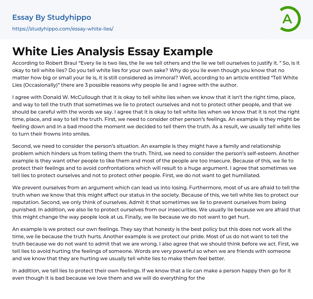 White Lies Analysis Essay Example StudyHippo