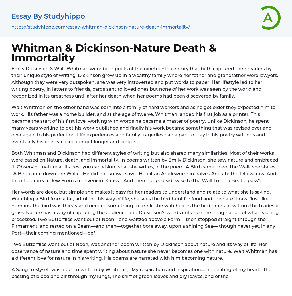 Whitman & Dickinson-Nature Death & Immortality Essay Example