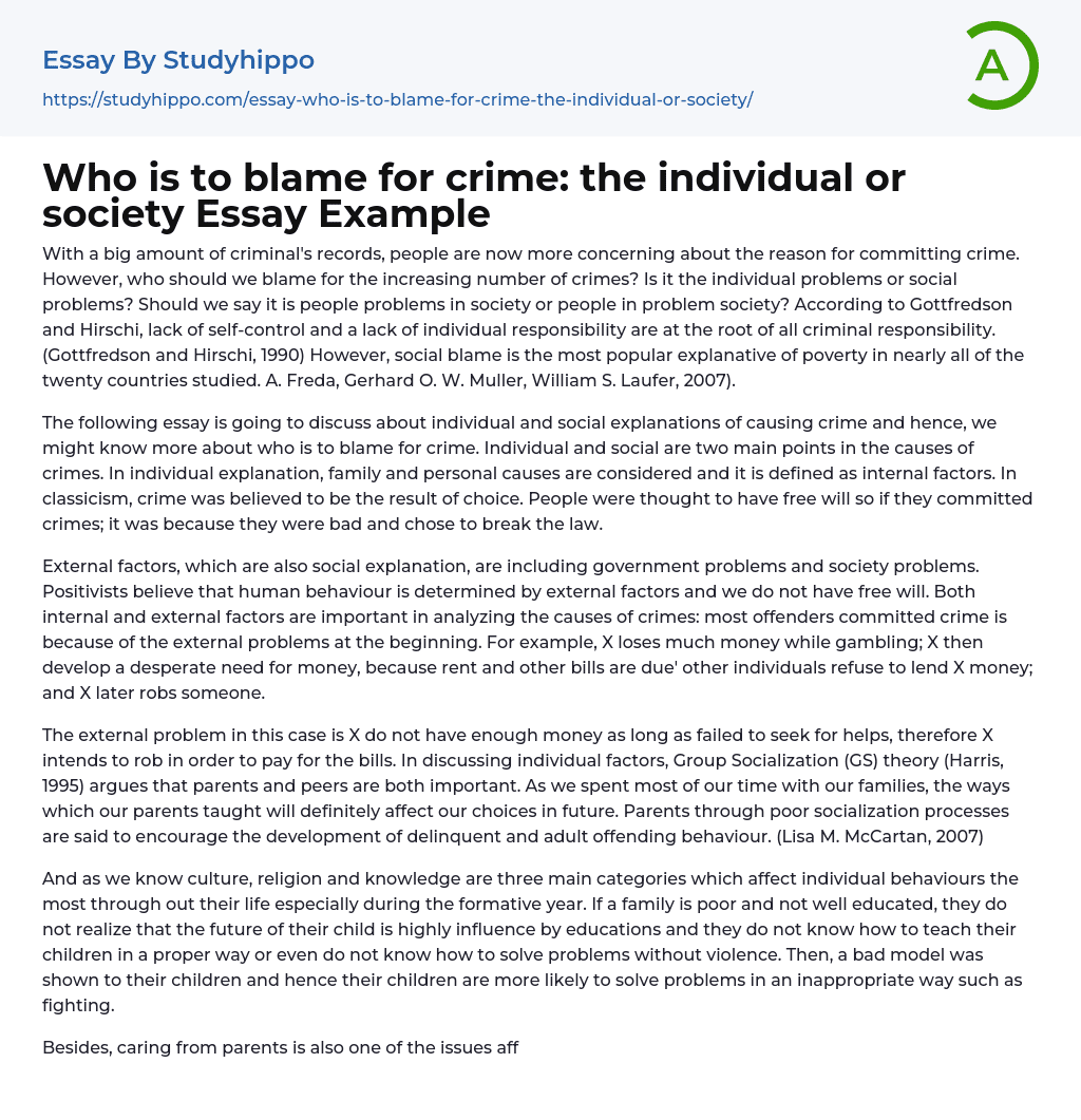Who is to blame for crime: the individual or society Essay Example