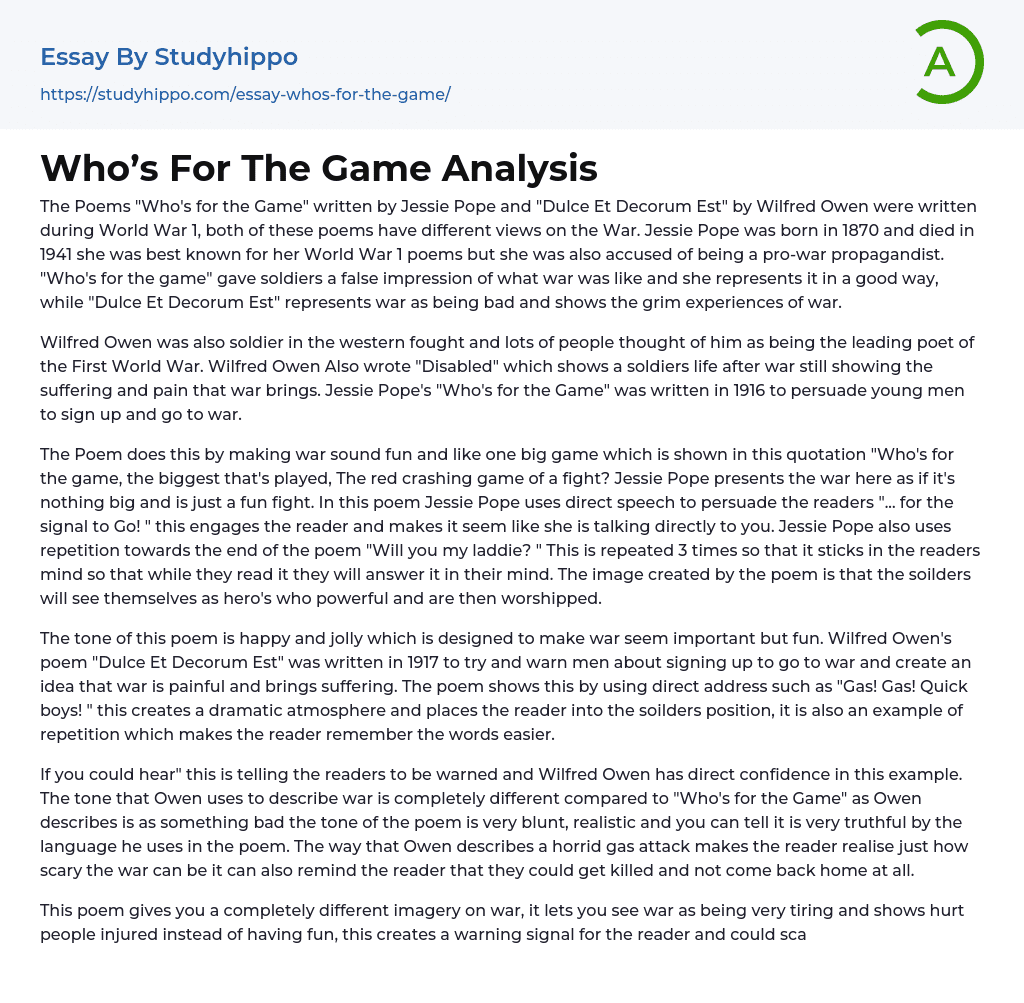 Who’s For The Game Analysis Essay Example