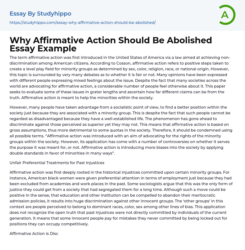 Why Affirmative Action Should Be Abolished Essay Example